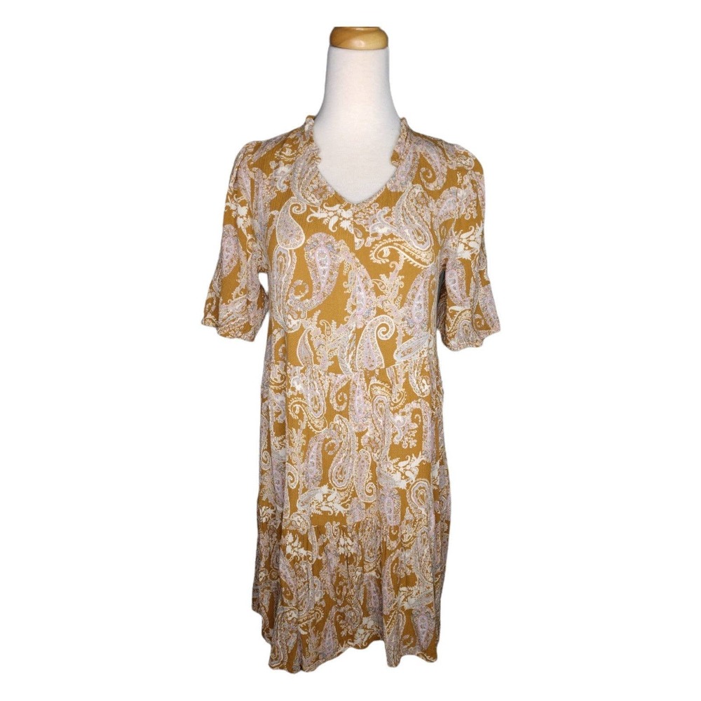 Mustard Lavender Grey Paisley Rayon Boho Swing Dress Size L